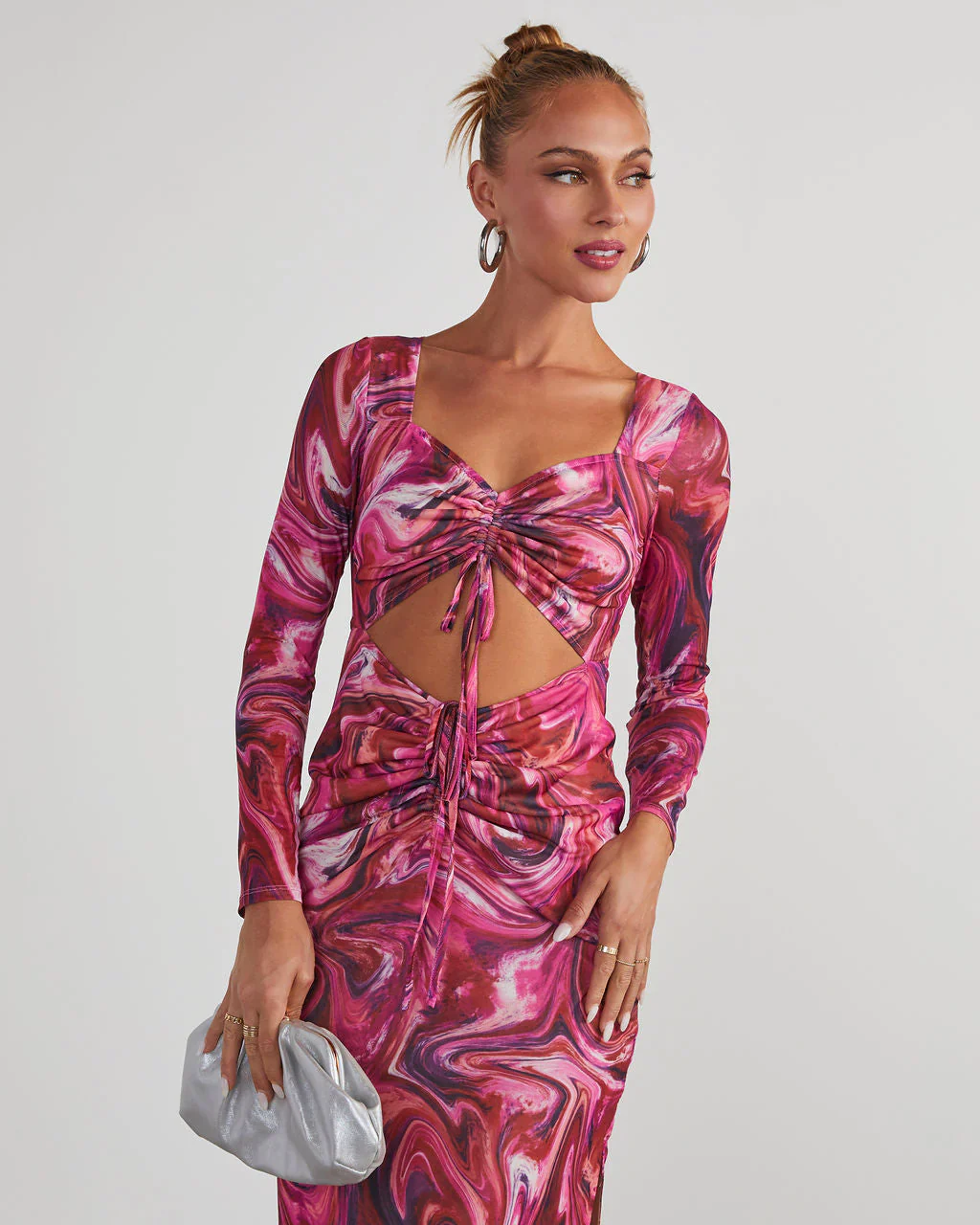 Kismet Printed Mesh Cutout Midi Dress