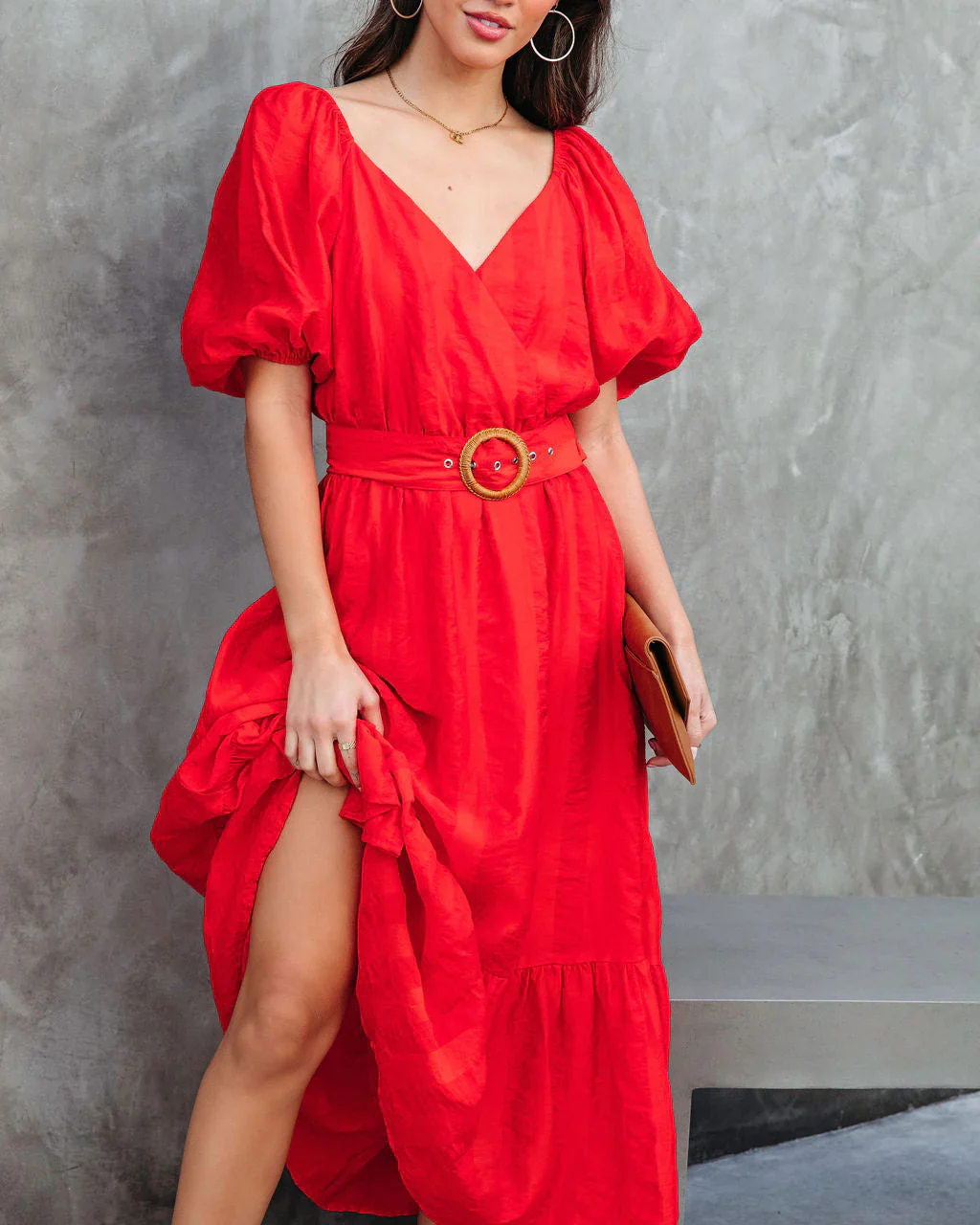 Under The Tuscan Sun Puff Sleeve Belted Midi Dress