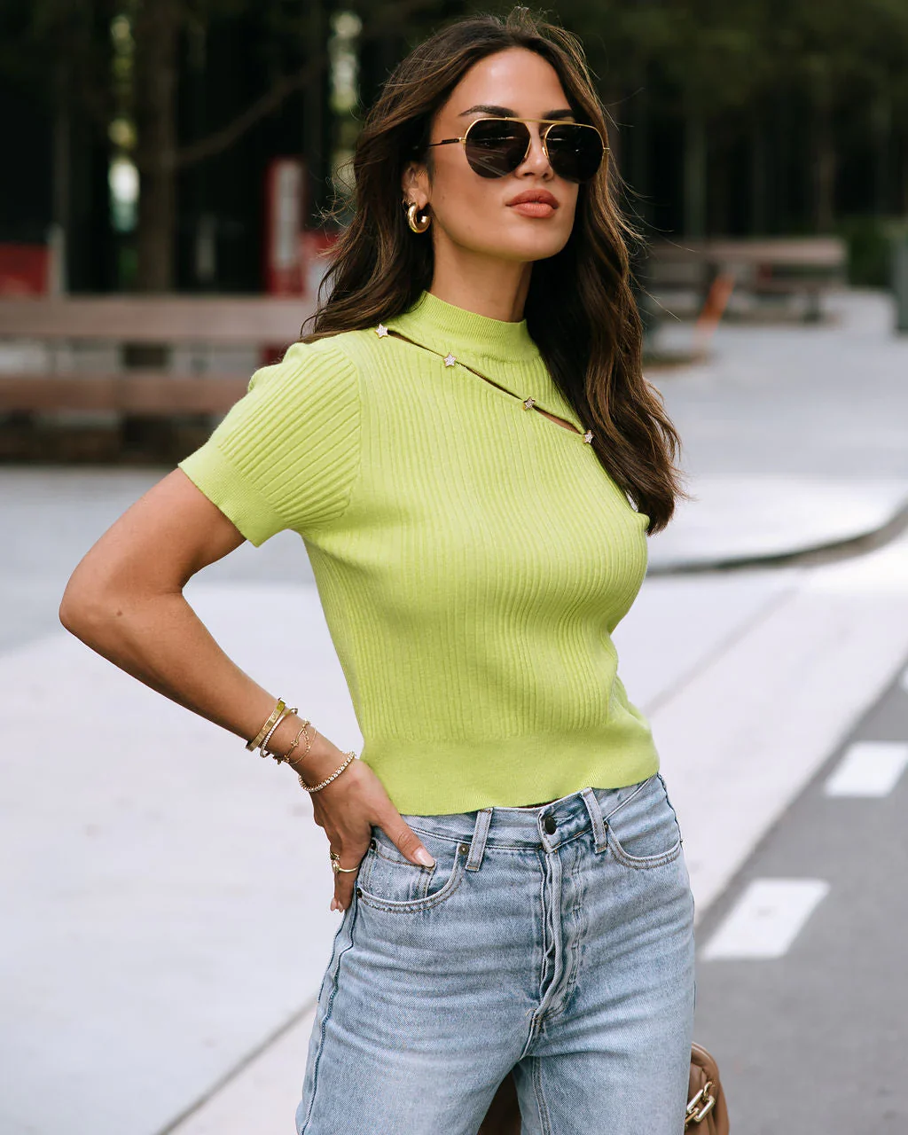 Got Me Starstruck Ribbed Embellished Cutout Top