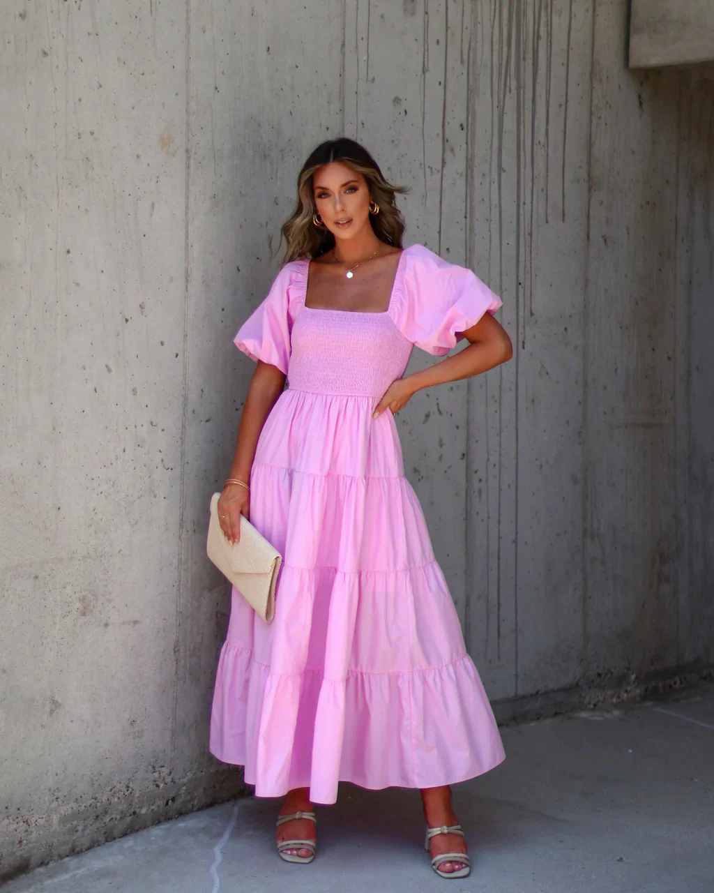 Modena Puff Sleeve Tiered Midi Dress